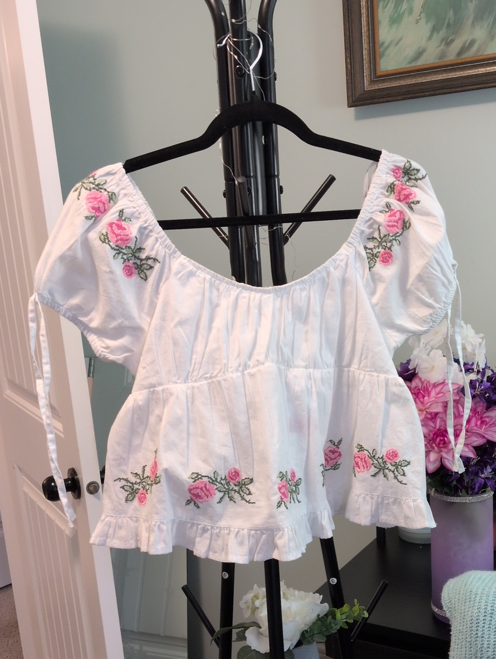 Japna White Off-Shoulder Peasant Top with Pink Rose Embroidery